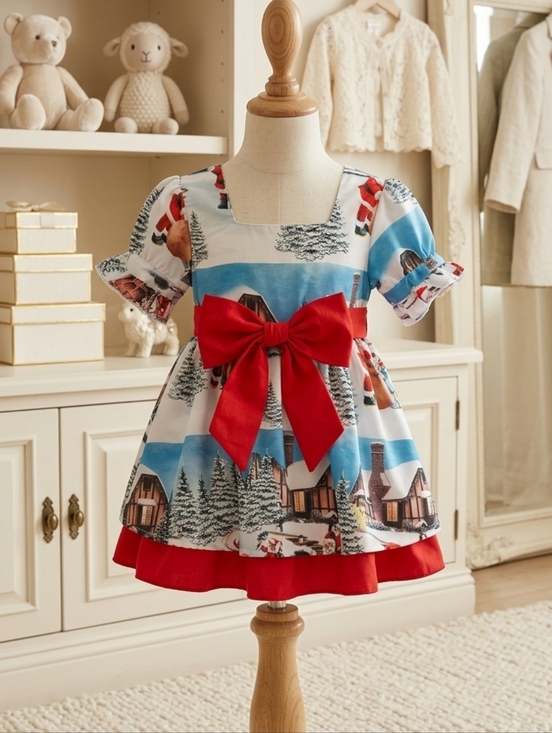 Other - Santa’s North Pole Scene Red & White Dress 🎅🎄 Big Bow Holiday Charm